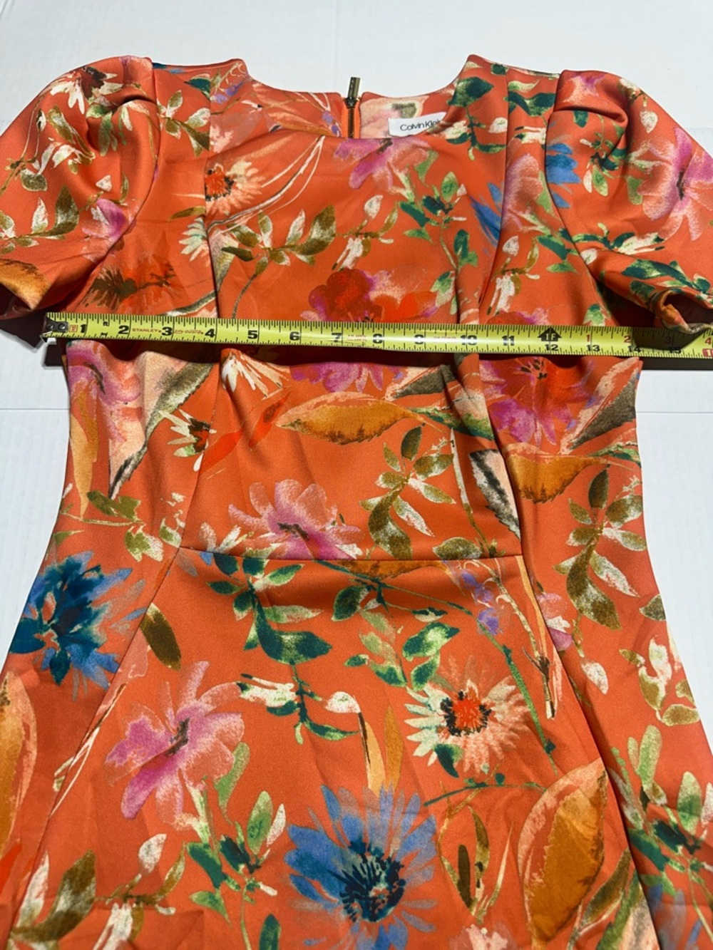 Calvin Klein Floral stretchy Orange Sheath Dress Vibrant Floral Print zipper sz4 - Picture 3 of 10